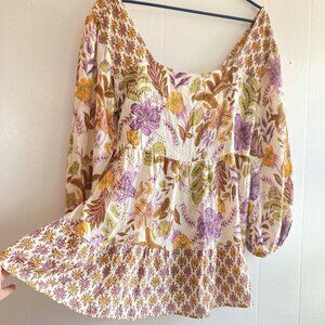 Floral Peasant Tunic Top in Cream, Purple & Mustard